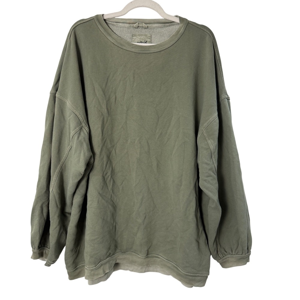 Aerie Sweatshirt Women XL Olive Green Excellent Oversized Crew Neck Cotton Blend